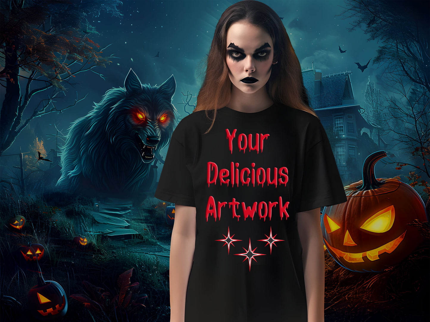 Scary Halloween Black Bella Canvas 3001 T-Shirt Mockup Unisex for Etsy & Amazon + Revolutionary Social Media Marketing Kit,  10 Images -AA