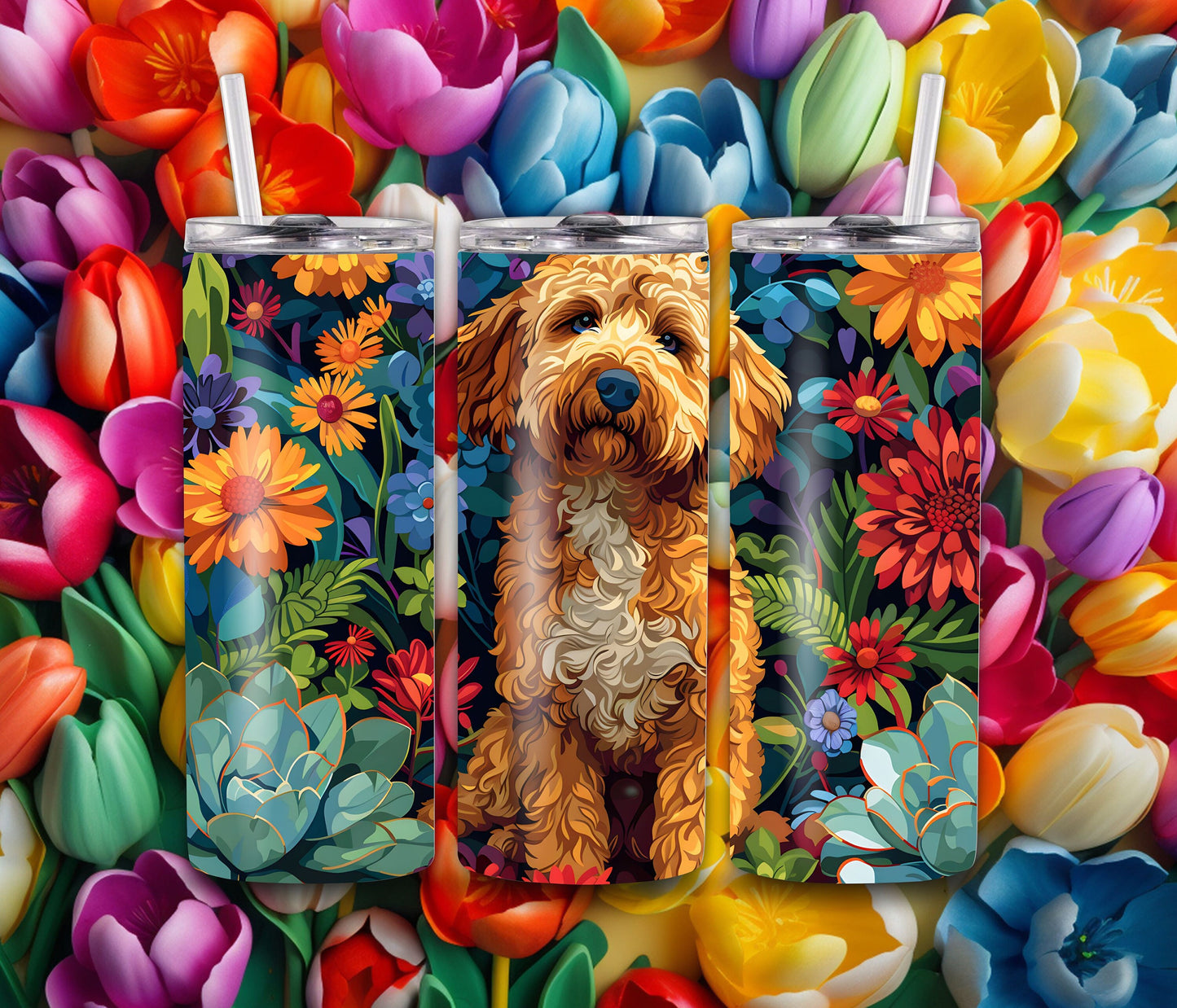 Goldendoodle Dog Pet 20oz Tumbler Wrap, Colorful and Customizable, Golden doodle Museum Quality Art Cup Wraps-EK