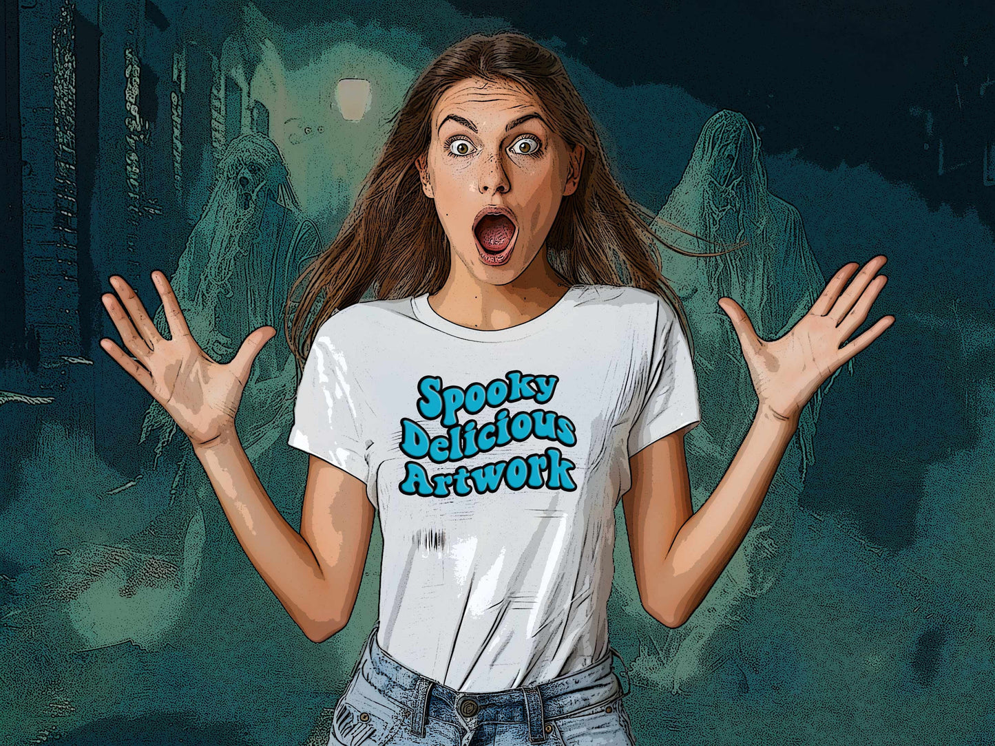 Frightening Halloween Ghosts White Bella Canvas 3001 T-Shirt Mockup Etsy & Amazon + Revolutionary Social Media Marketing Kit, Ten 10 Images