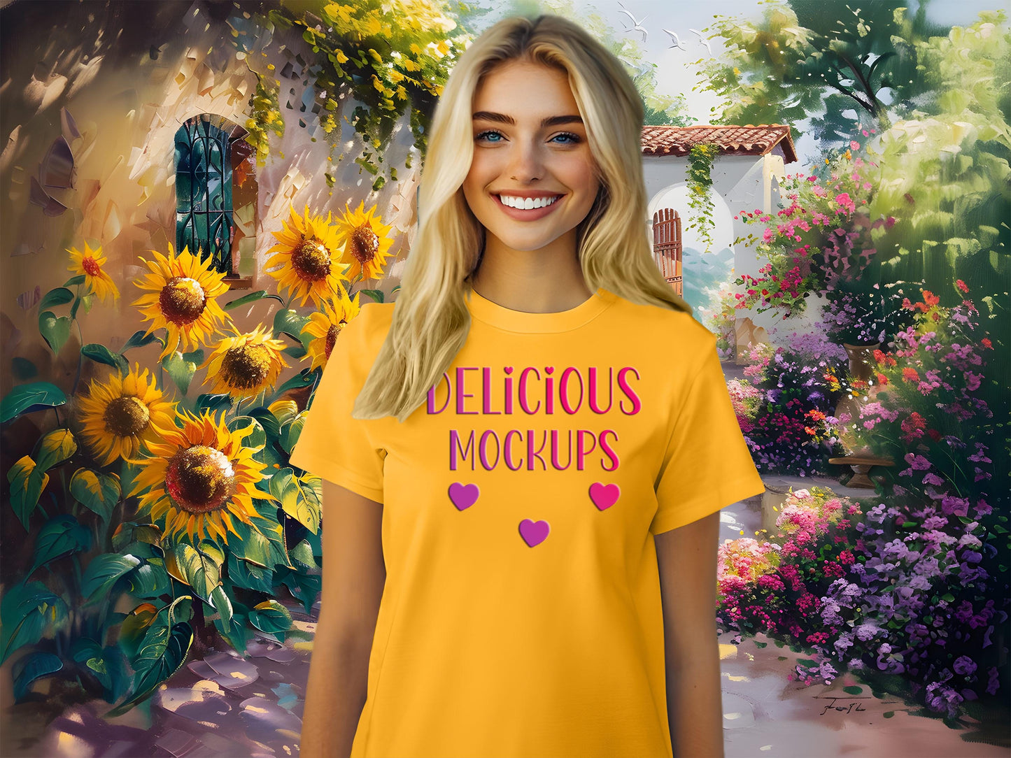 Gold Bella Canvas 3001 T-Shirt Sunflowers Mockup for Etsy & Amazon + Revolutionary Social Media Marketing Kit - Ten Fully Optimized Images