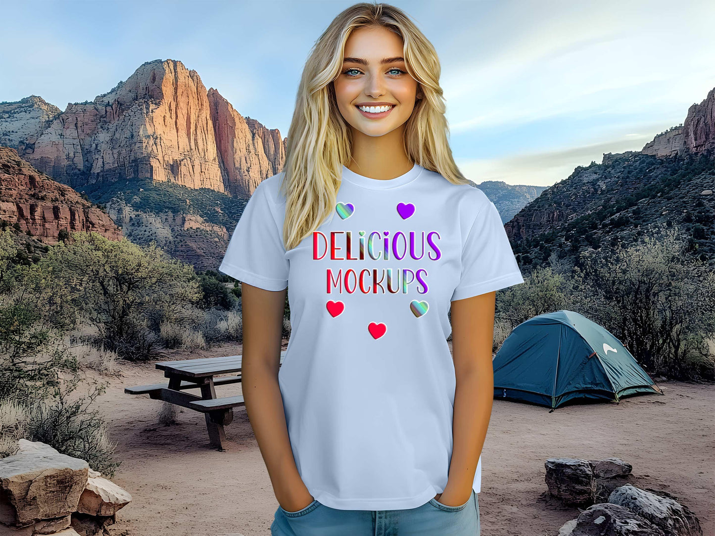 Baby Blue Bella Canvas T-Shirt Camping Hiking Mountains Mockup for Etsy, Amazon + Revolutionary Social Media Marketing Kit, Ten  Images