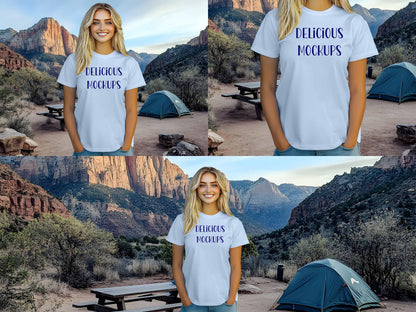 Baby Blue Bella Canvas T-Shirt Camping Hiking Mountains Mockup for Etsy, Amazon + Revolutionary Social Media Marketing Kit, Ten  Images