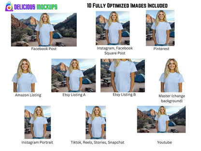 Baby Blue Bella Canvas T-Shirt Camping Hiking Mountains Mockup for Etsy, Amazon + Revolutionary Social Media Marketing Kit, Ten  Images