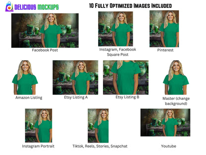 Kelly Green Heather Bella Canvas T-Shirt St Patrick's Day Mockup for Etsy & Amazon +  Social Media Marketing Kit - Ten 10 Marketing Images