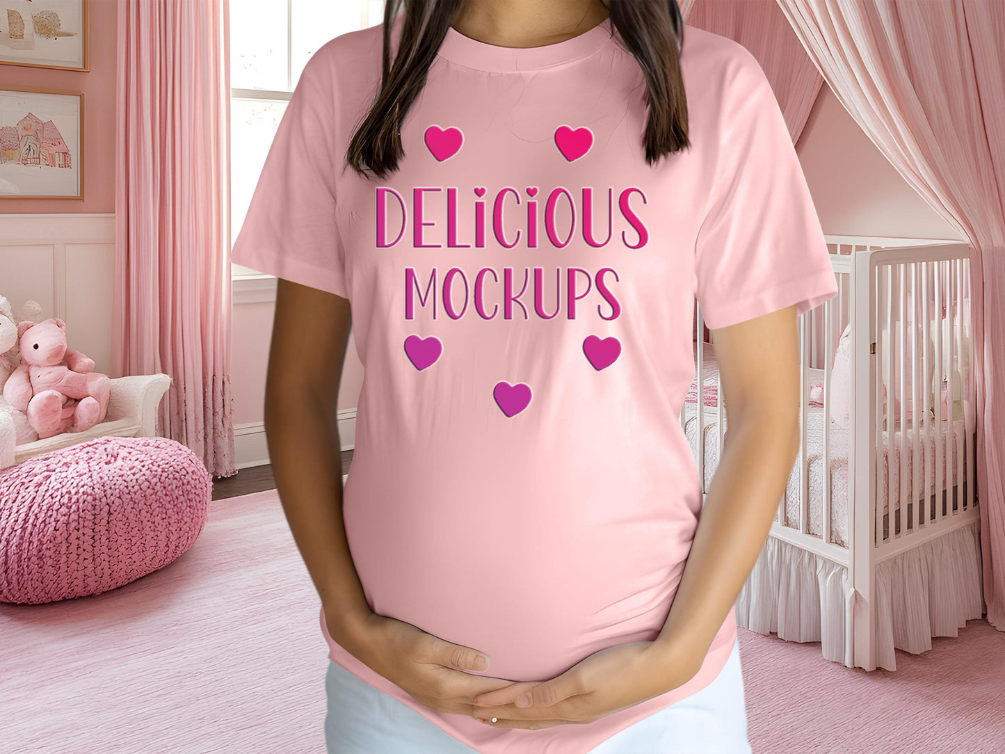 Pink Bella Canvas T-Shirt  Pregnancy Mockup for Etsy, Amazon + Revolutionary Social Media Marketing Kit, Ten Gender Revealed Pregnant Images