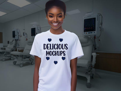 White Dialysis Nurse Bella Canvas T-Shirt Mockup, Etsy & Amazon + Revolutionary Social Media Marketing Kit - 10 Renal Care Nephrology Images