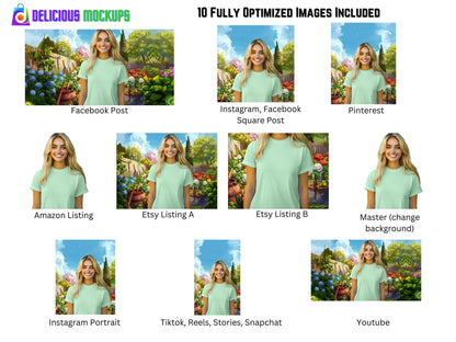 Mint Green Bella Canvas 3001 T-Shirt Mockup for Etsy & Amazon + Revolutionary Social Media Marketing Kit - Ten Fully Optimized Images