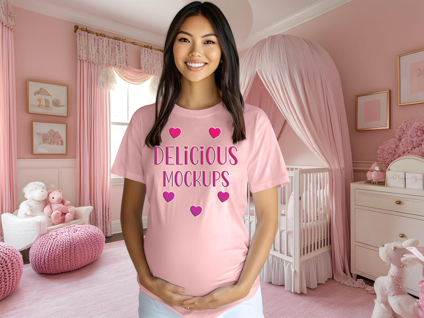 Pink Bella Canvas T-Shirt  Pregnancy Mockup for Etsy, Amazon + Revolutionary Social Media Marketing Kit, Ten Gender Revealed Pregnant Images