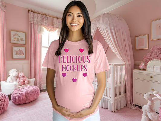 Pink Bella Canvas T-Shirt  Pregnancy Mockup for Etsy, Amazon + Revolutionary Social Media Marketing Kit, Ten Gender Revealed Pregnant Images