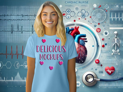 Baby Blue Cardiac Nurse Bella Canvas T-Shirt Mockup for Etsy, Amazon + Revolutionary Social Media Marketing Kit, Ten Fully Optimized Images