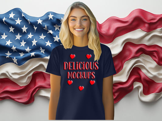 Navy Blue Bella Canvas 3001 T-Shirt  USA Flag Mockup for Etsy & Amazon + Revolutionary Social Media Marketing Kit - 10 Patriotic Images