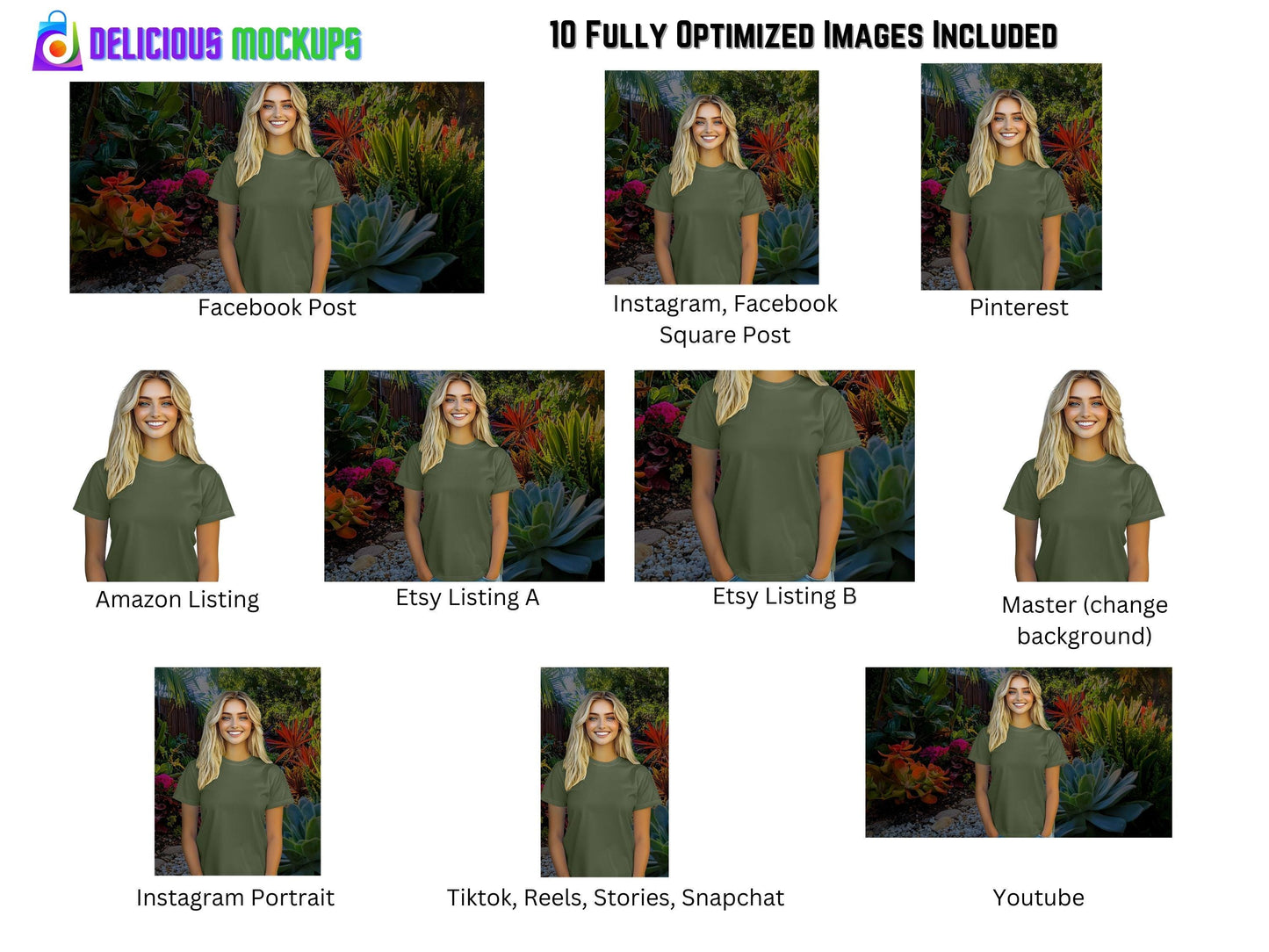 Military Green Bella Canvas 3001 T-Shirt Mockup for Etsy & Amazon + Revolutionary Social Media Marketing Kit - Ten 10 Fully Optimized Images